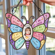 Gift For Kids,Gift For Daughter,Gift For Son,Happy,Photo - Stained Glass - Custom Photo Stained Glass I Am Smart Kind Brave Butterfly - Personalized Window Hanging Suncatcher Ornament