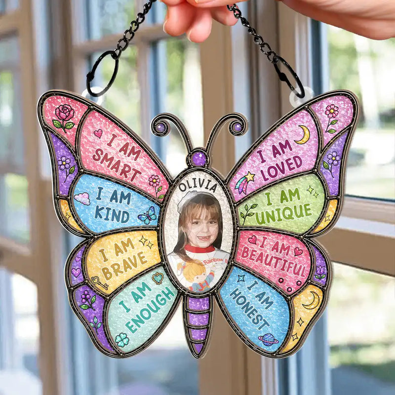 Gift For Kids,Gift For Daughter,Gift For Son,Happy,Photo - Stained Glass - Custom Photo Stained Glass I Am Smart Kind Brave Butterfly - Personalized Window Hanging Suncatcher Ornament