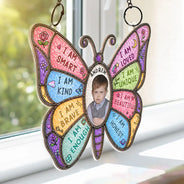 Gift For Kids,Gift For Daughter,Gift For Son,Happy,Photo - Stained Glass - Custom Photo Stained Glass I Am Smart Kind Brave Butterfly - Personalized Window Hanging Suncatcher Ornament