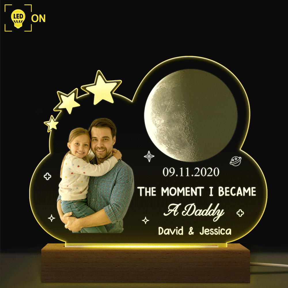 New Dad,Gift For Father,Happy,Love,Non-Eng,Photo,Moon Phase,Sentimental - Custom Photo Moon Phase The Moment I Became A Dad - Personalized 3D Led Light Wooden Base