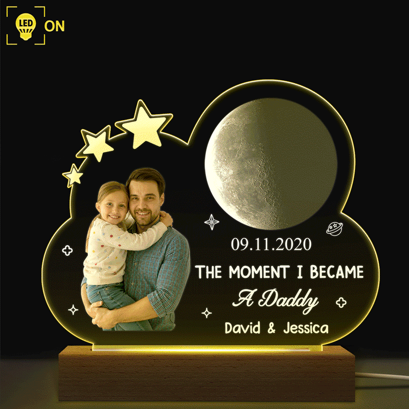 New Dad,Gift For Father,Happy,Love,Non-Eng,Photo,Moon Phase,Sentimental - Custom Photo Moon Phase The Moment I Became A Dad - Personalized 3D Led Light Wooden Base
