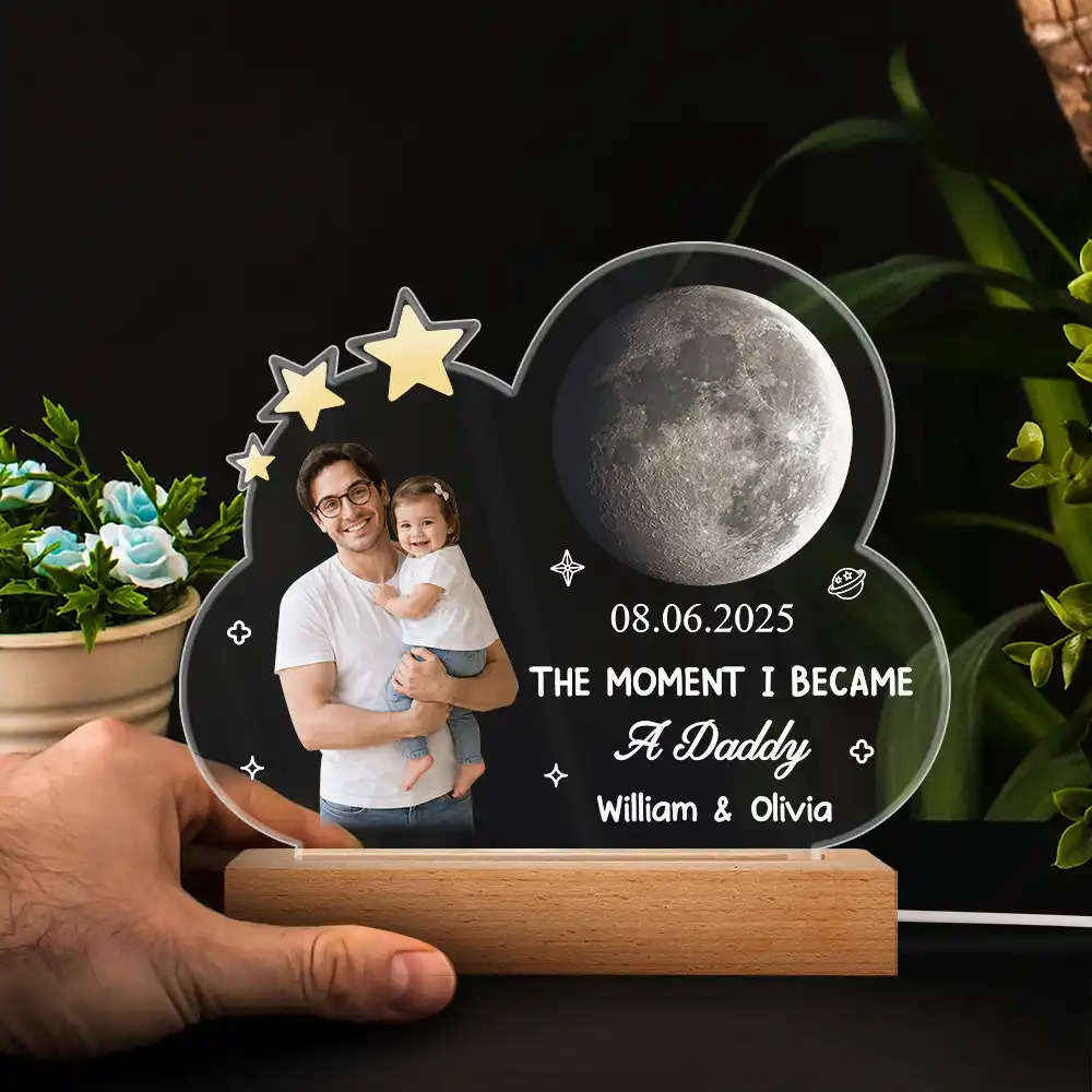 New Dad,Gift For Father,Happy,Love,Non-Eng,Photo,Moon Phase,Sentimental - Custom Photo Moon Phase The Moment I Became A Dad - Personalized 3D Led Light Wooden Base