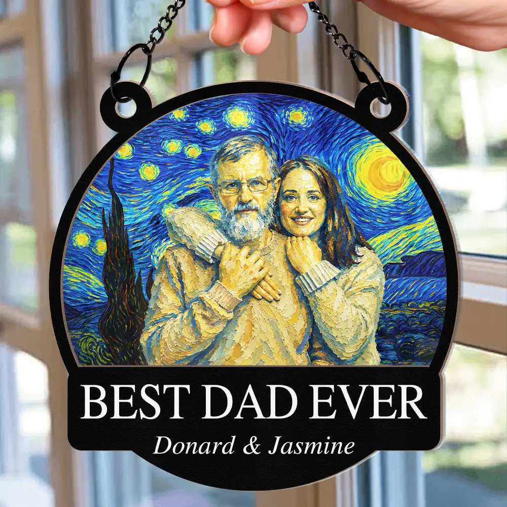 Gift For Father,Gift For Grandpa,Non-Eng,Photo - Starry Night,Proud - Custom Photo Starry Night Best Dad Papa Ever - Personalized Window Hanging Suncatcher Ornament