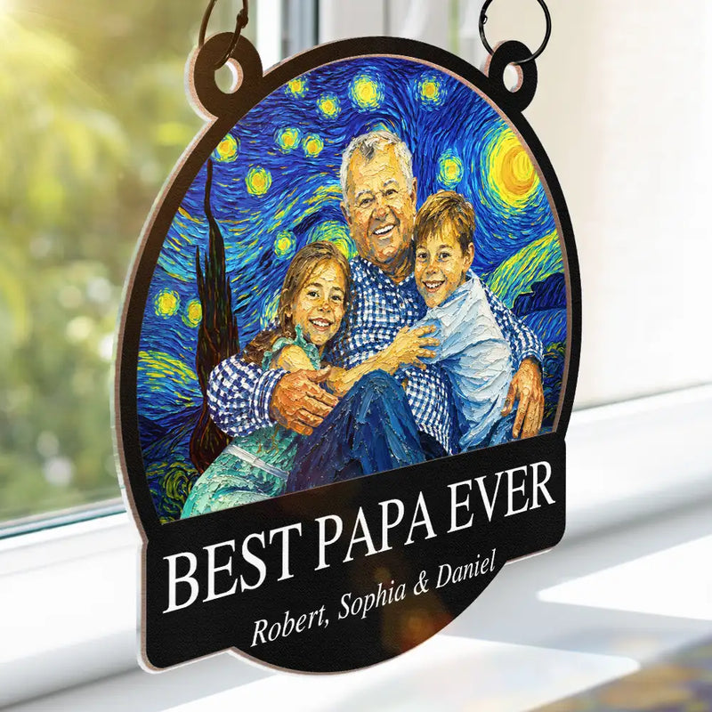 Gift For Father,Gift For Grandpa,Non-Eng,Photo - Starry Night,Proud - Custom Photo Starry Night Best Dad Papa Ever - Personalized Window Hanging Suncatcher Ornament