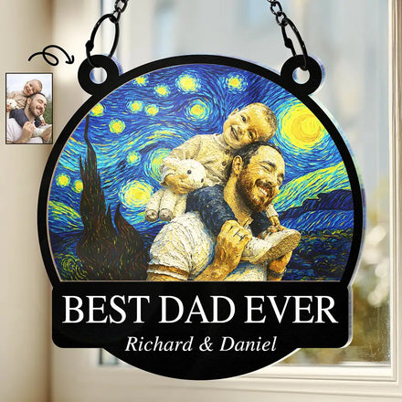 Custom Photo Starry Night Best Dad Papa Ever - Personalized Window Hanging Suncatcher Ornament