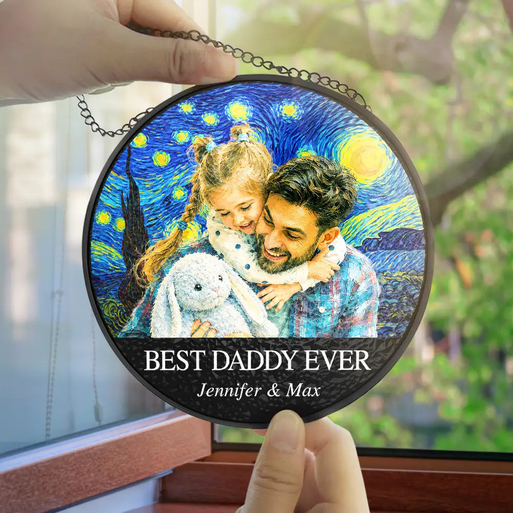 Gift For Father,Gift For Grandpa,Non-Eng,Photo - Starry Night,Proud - Custom Photo Starry Night Best Dad Papa Ever - Personalized Stained Glass Window Hanging Suncatcher