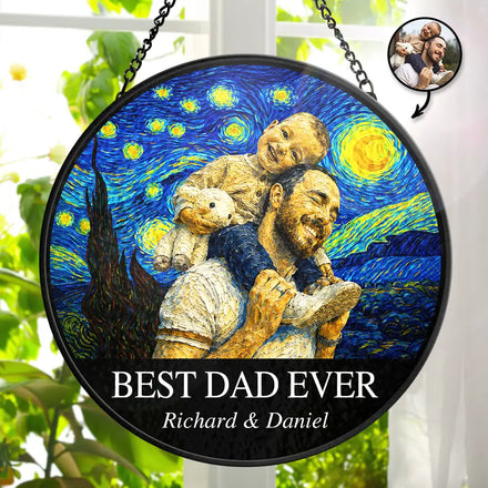 Custom Photo Starry Night Best Dad Papa Ever - Personalized Stained Glass Window Hanging Suncatcher