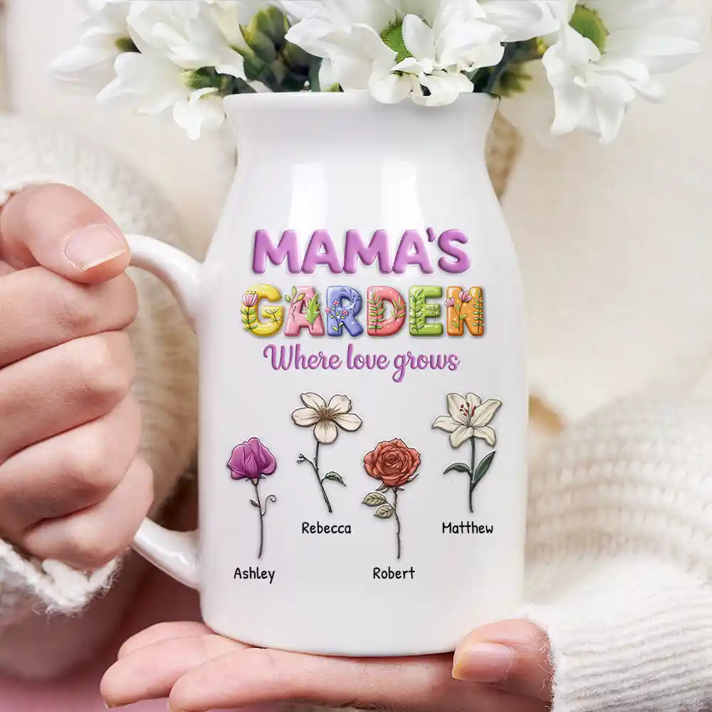 Gift For Grandma,Love,Happy - Grandma Garden Where Love Grow 3D Effect Birth Flower - Personalized Ceramic Flower Vase