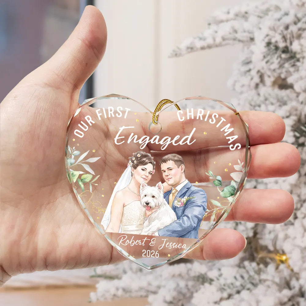First Christmas,Art Design,Christmas,Married Couple,Romantic,Gift For Couples,Photo - Watercolor - Remove BG - Custom Photo Realistic Watercolor Art Our First Christmas As Mr & Mrs Wedding Couple Pet - Personalized Heart Shaped Glass Ornament