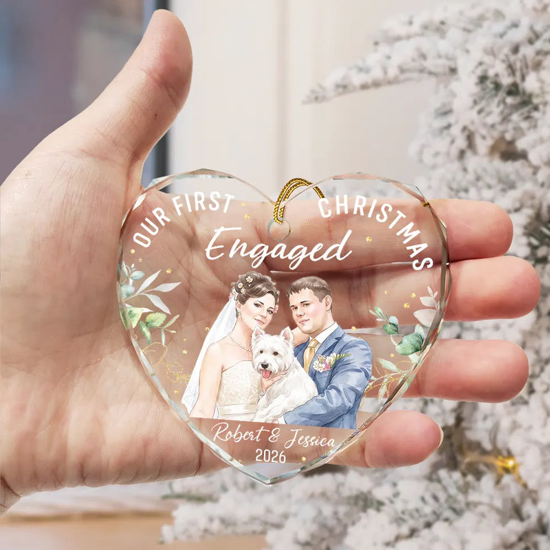 First Christmas,Art Design,Christmas,Married Couple,Romantic,Gift For Couples,Photo - Watercolor - Remove BG - Custom Photo Realistic Watercolor Art Our First Christmas As Mr & Mrs Wedding Couple Pet - Personalized Heart Shaped Glass Ornament