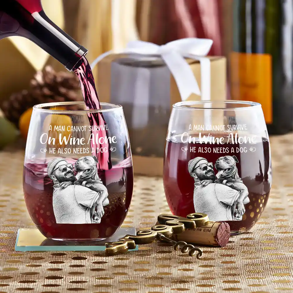 Happy,Dog Lovers,Pet Lovers,Dog Mom,Dog Dad - Custom Photo Pencil Sketch Art A Woman Cannot Survive On Wine Alone Dog - Personalized Stemless Wine Glass