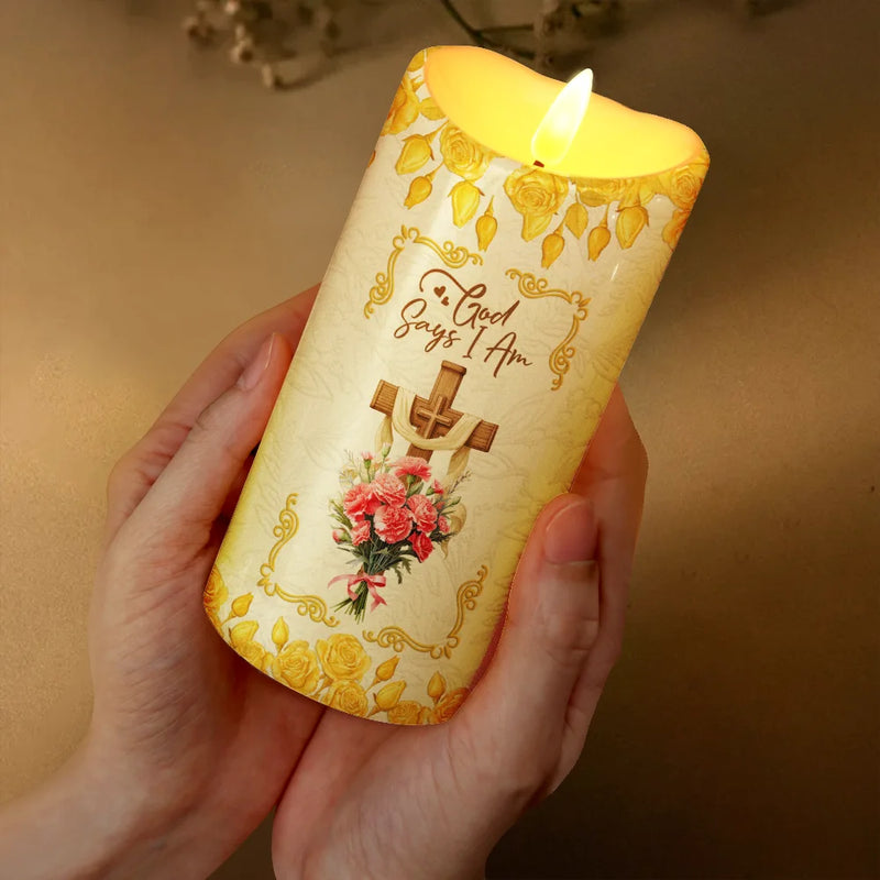 Christmas,Christian,Gift For Yourself - God Says I Am 3D Effect Flower Border - Personalized Flameless LED Candle