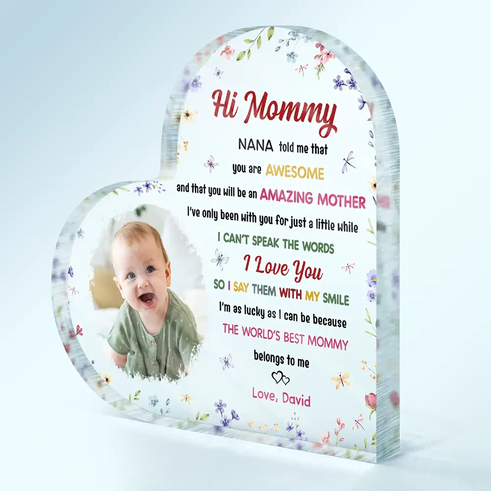 New Mom,Love,Gift For Mother - Custom Photo The World's Best Mommy Belongs To Me - Personalized Heart Shaped Acrylic Plaque