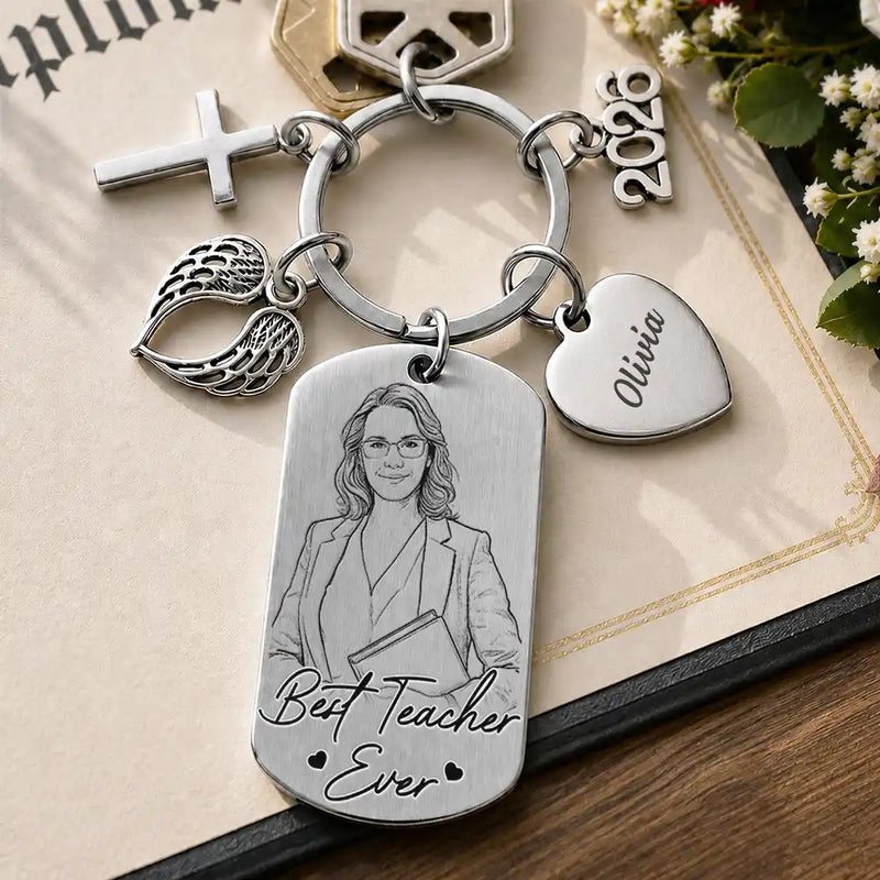 Art Design,Teacher,Back To School,Proud,Retirement,Photo - Pencil Sketch - Bold - Custom Photo Bold Sketch Best Teacher Ever - Personalized Stainless Steel Keychain