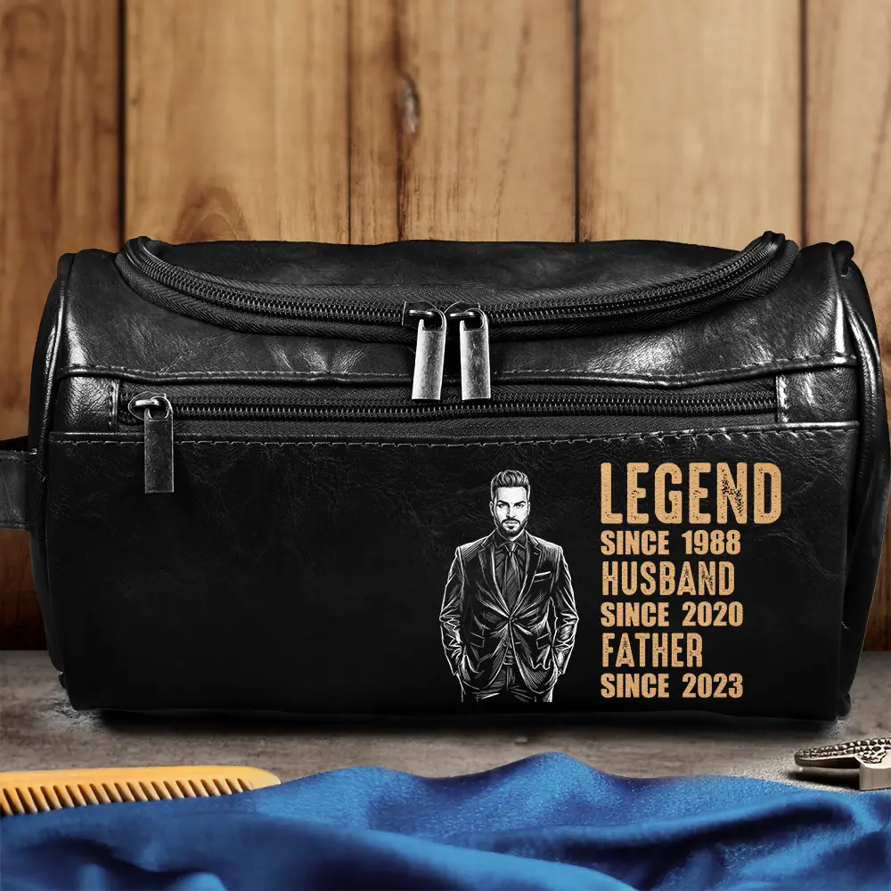 Custom Photo,Gift For Father,Gift For Grandpa,Happy,Photo - Pencil Sketch (Dark BG) - Custom Photo White Pencil Sketch Art Legend Husband Daddy Since - Personalized Leather Toiletry Bag