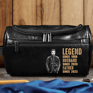 Custom Photo,Gift For Father,Gift For Grandpa,Happy,Photo - Pencil Sketch (Dark BG) - Custom Photo White Pencil Sketch Art Legend Husband Daddy Since - Personalized Leather Toiletry Bag