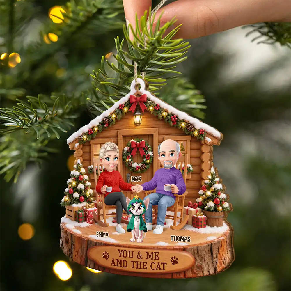 Christmas, Gift For Couples, Pet Couple, Pet Lovers, Romantic, Vector - Christmas Gift For Pet Couples - Personalized You & Me And The Cat Wooden Ornament