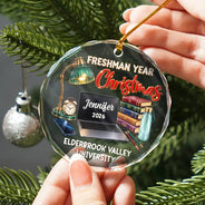 Christmas, Custom Text, Happy, Top Market - Christmas Keepsake Gift For College Student - Personalized Freshman Sophomore Year Circle Glass Ornament
