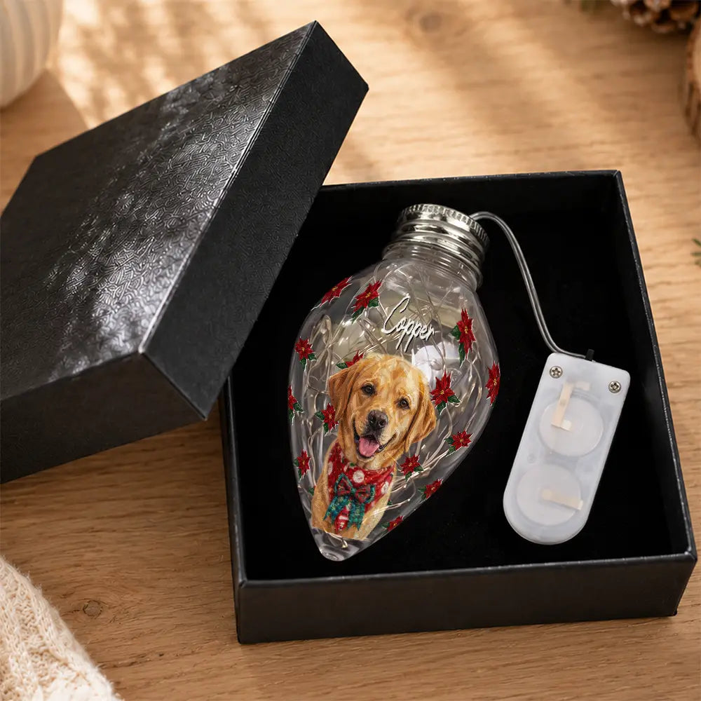 Art Design,Christmas,Custom Photo,Dog Lovers,Pet Lovers,Photo - Oil Painting,Playful - Christmas Gift For Dog Lovers - Personalized Custom Photo & Name Pet Dog Portrait With Holly Snowflake Poinsettia Chili Bulb LED Light