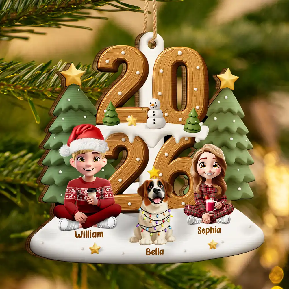 3D Effect Christmas Sitting Family - Personalized Custom Shaped Wooden Ornament
