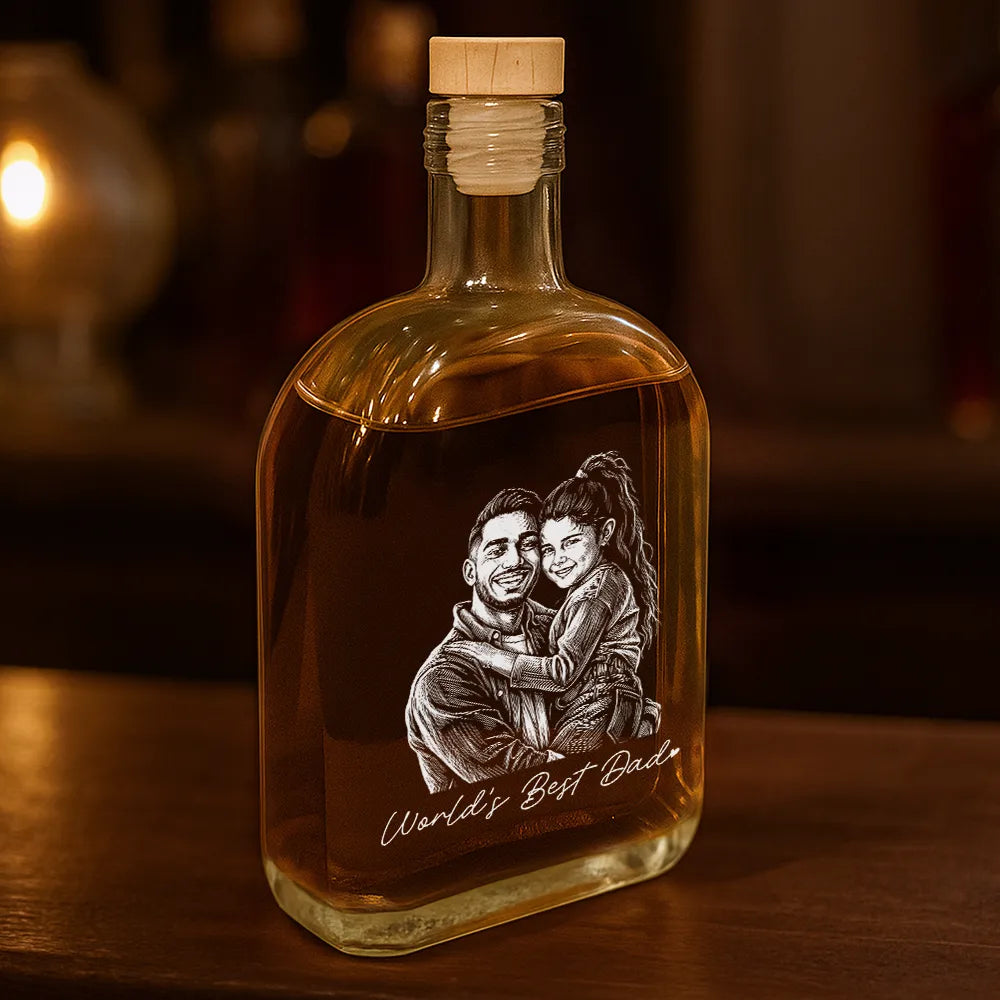 Gift For Father,Gift For Grandpa,Non-Eng,Photo - Pencil Sketch (Dark BG),Proud - Custom Photo White Pencil Sketch Art Best Dad Grandpa Ever Family Portrait - Personalized Whiskey Bottle