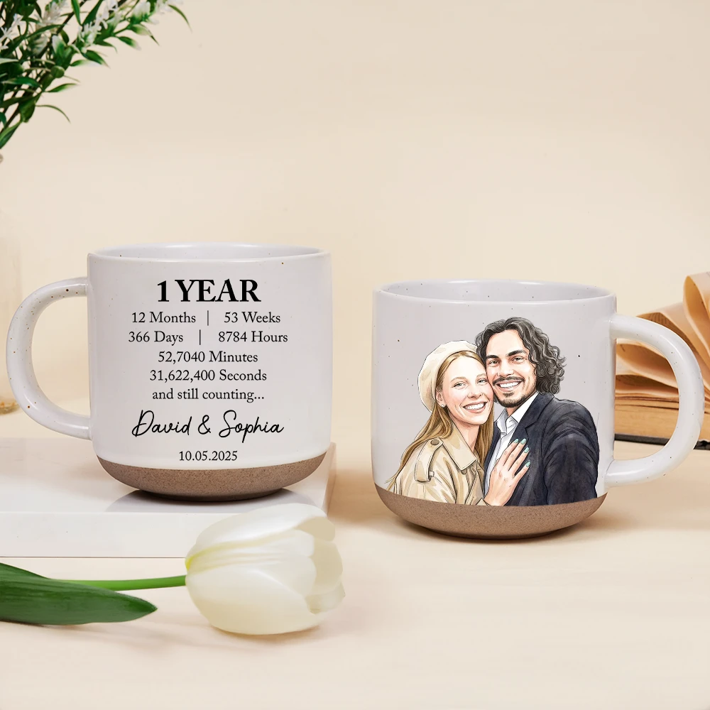 Anniversary,Art Design,Custom Photo,Gift For Couples,Old Couples,Photo - Vivid Watercolor Art,Romantic - Anniversary Gift For Couples - Personalized Custom Photo Watercolor Names Year Counting Time Together Pottery Mug