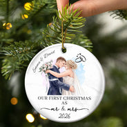 Art Design,Christmas,Married Couple,Romantic,Gift For Couples,Photo - Watercolor - Remove BG - Custom Photo Realistic Watercolor Art First Christmas Married Couple Newly Wed - Personalized Circle Ceramic Ornament