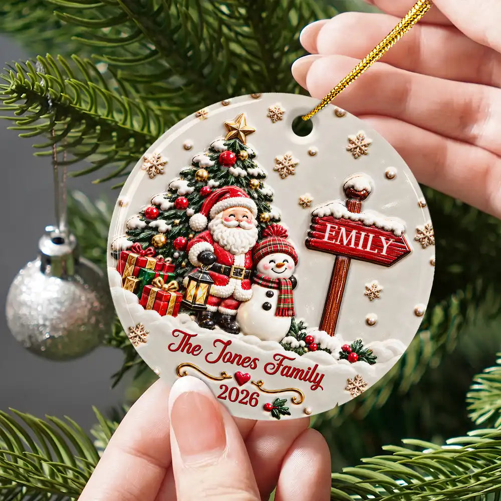 Christmas,Family,Happy,Icon - Christmas Gift For Family - Personalized Family Name Santa And Snowman 3D Embossed Circle Ceramic Ornament