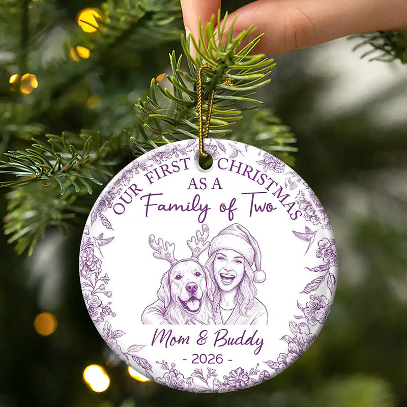 Parents,New Baby,Art Design,Christmas,Photo - Pencil Sketch - Remove BG,Happy - Custom Photo Pencil Sketch First Christmas As A Family Of Four Toile - Personalized Circle Ceramic Ornament