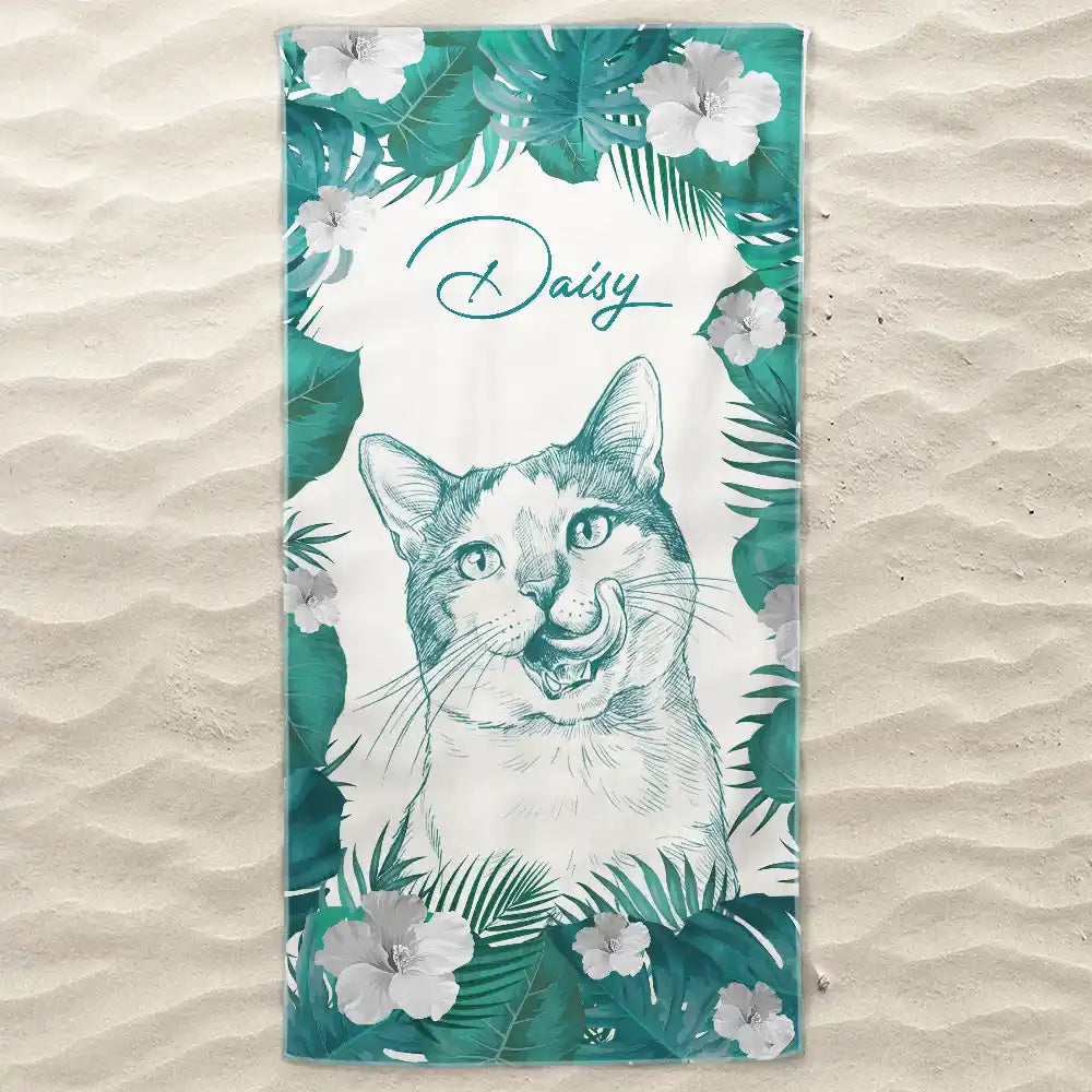 Pet Lovers,Pet Mom,Pet Dad,Dog Lovers,Dog Mom,Dog Dad,Cat Lovers,Cat Mom,Cat Dad,Beach,Summer,Non-Eng,Photo - Pencil Sketch,Playful - Custom Photo Pencil Sketch With Tropical Leaves For Pet Lovers - Personalized Beach Towel