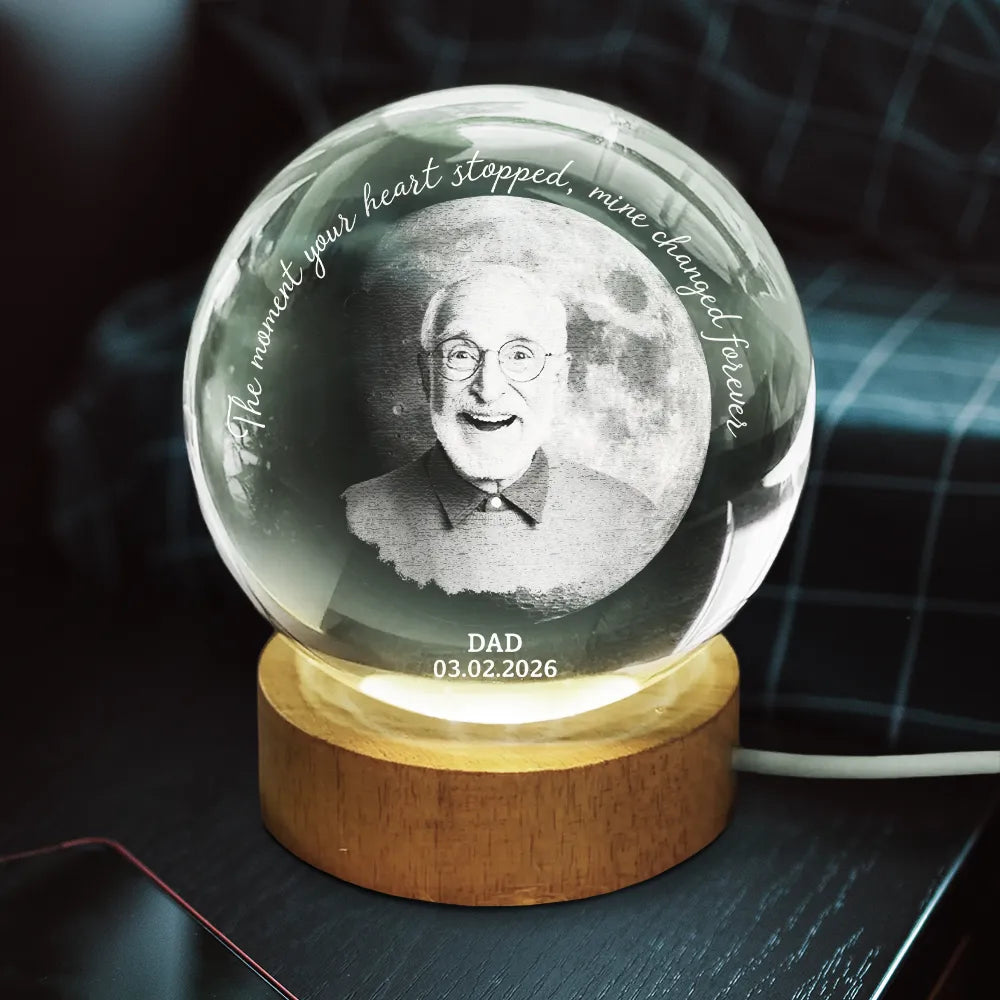 Gift For Yourself,Memorial,Sad,Gift For Mother,Gift For Father,Gift For Son,Gift For Daughter - Moon Phase Custom Photo Pencil Sketch Memorial The Moment Your Heart Stopped - Personalized Crystal Globe Lamp