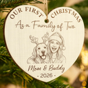Parents,New Baby,Art Design,Christmas,Photo - Pencil Sketch - Remove BG,Happy - Custom Photo Pencil Sketch First Christmas As A Family Of Four - Personalized Custom Shaped Wooden Ornament