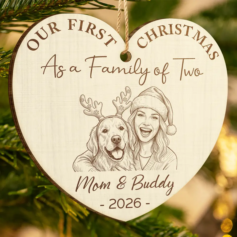 Parents,New Baby,Art Design,Christmas,Photo - Pencil Sketch - Remove BG,Happy - Custom Photo Pencil Sketch First Christmas As A Family Of Four - Personalized Custom Shaped Wooden Ornament