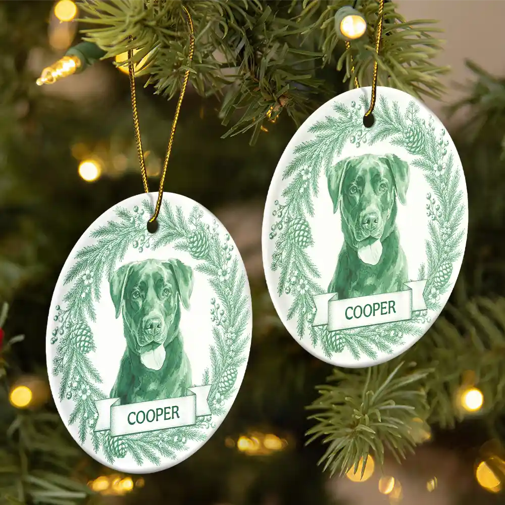 Art Design,Christmas,Cozy,Pet Lovers,Photo - Porcelain Art Style - Custom Photo Single-Color Watercolor Loving Dog Cat Pet Portrait - Personalized Circle Ceramic Ornament