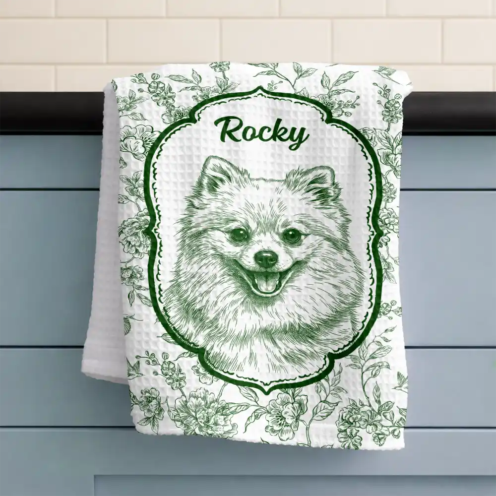 Happy, Dog Lovers, Pet Lovers, Cat Lovers - Custom Photo Pencil Sketch Dog Cat Pet Portrait Toile - Personalized Kitchen Towel