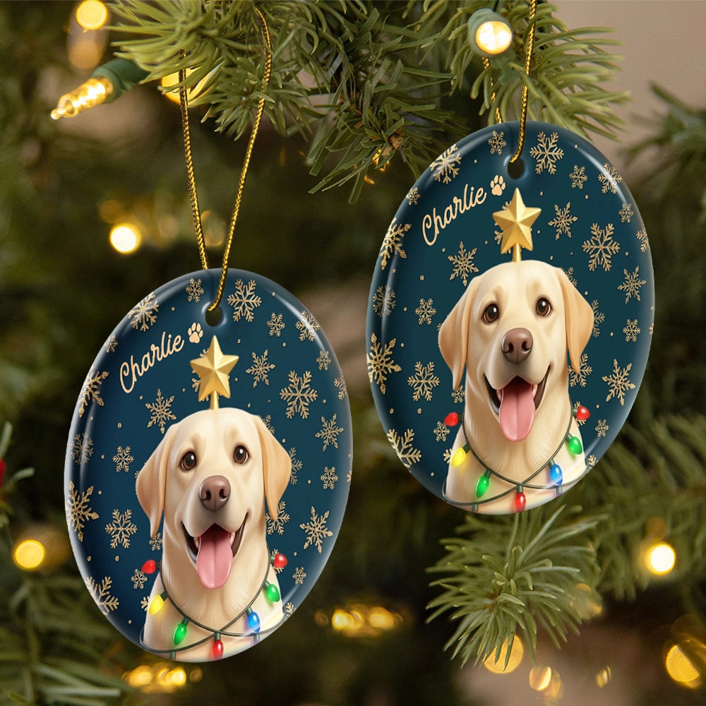 Art Design,Christmas,Custom Photo,Indoor Decor,Pet Lovers,Photo - Christmas Accessories 3D Cartoon Pet,Playful - Christmas Gift For Dog Cat Lovers - Personalized Custom Photo Snowflake Pet Portrait And Name Circle Ceramic Ornament