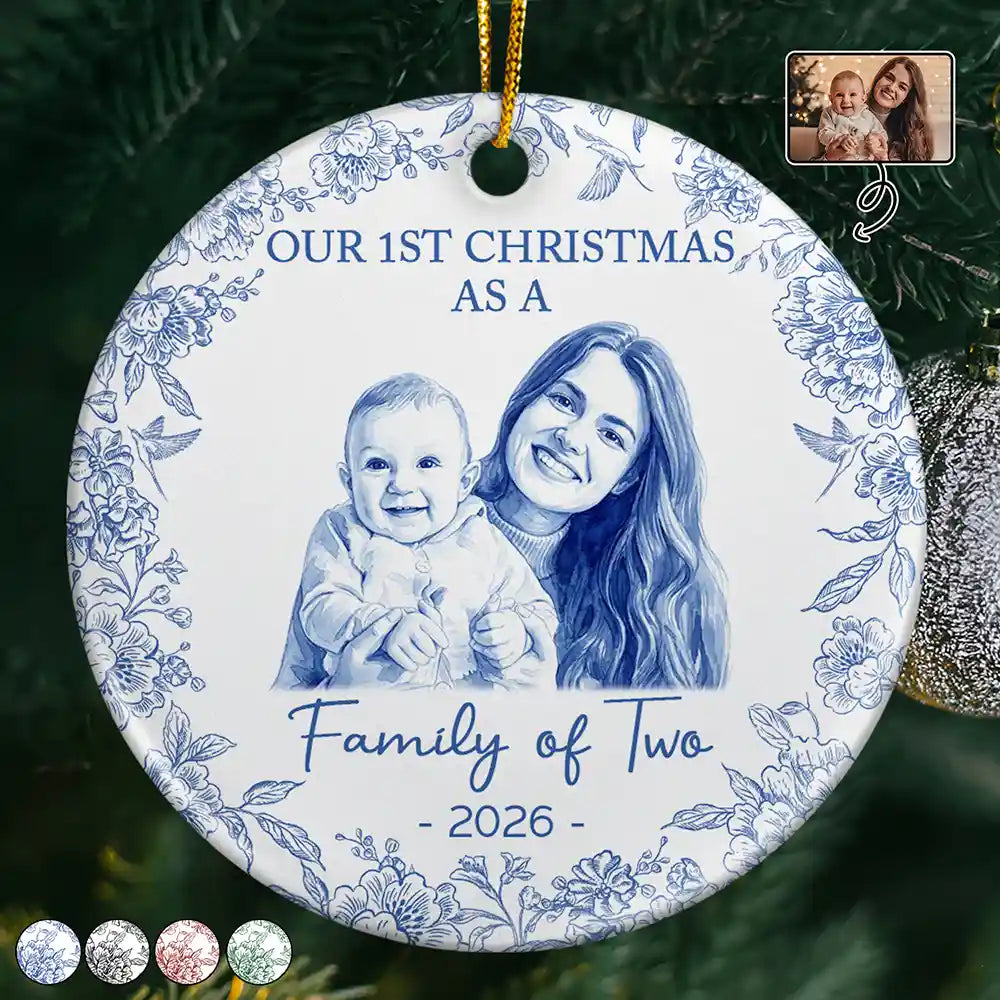 Art Design,Christmas,Family,Photo - Porcelain Art Style,Happy - Custom Photo Single-Color Watercolor First Christmas As A Family Of Four - Personalized Circle Ceramic Ornament