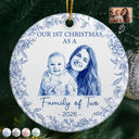 Art Design,Christmas,Family,Photo - Porcelain Art Style,Happy - Custom Photo Single-Color Watercolor First Christmas As A Family Of Four - Personalized Circle Ceramic Ornament