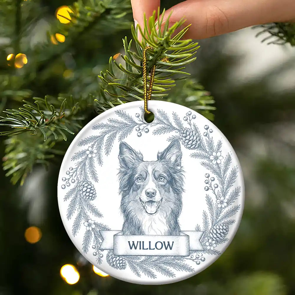 Art Design,Christmas,Cozy,Pet Lovers,Photo - Pencil Sketch - Remove BG - Custom Photo Pencil Sketch Loving Dog Cat Pet Portrait - Personalized Circle Ceramic Ornament