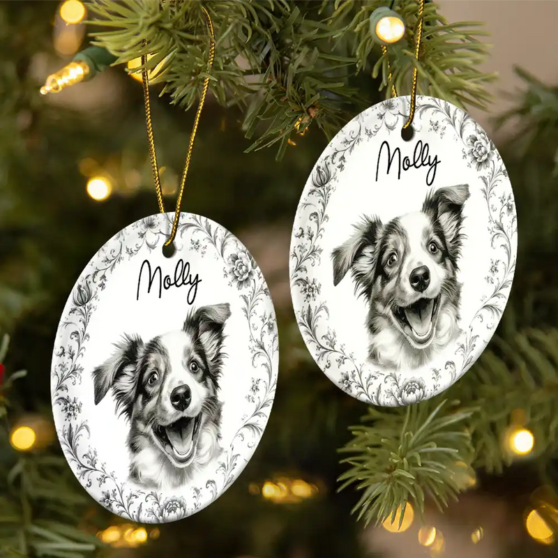 Art Design, Christmas, Cozy, Pet Lovers, Photo - Porcelain Art Style - Custom Photo Single-Color Watercolor Loving Dog Cat Pet Portrait - Personalized Circle Ceramic Ornament