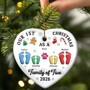 First Christmas As A Family Of Three Footprints 3D Effect - Personalized Heart Ceramic Ornament