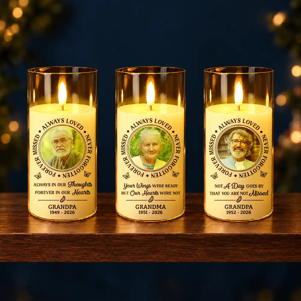 Christmas,Custom Photo,Family,Memorial,Memorial Loved One,Sympathetic,Upload Full Photo - Memorial Sympathy Gift For Loss Of Parent - Personalized Custom Photo Always Loved Never Forgotten LED Candle