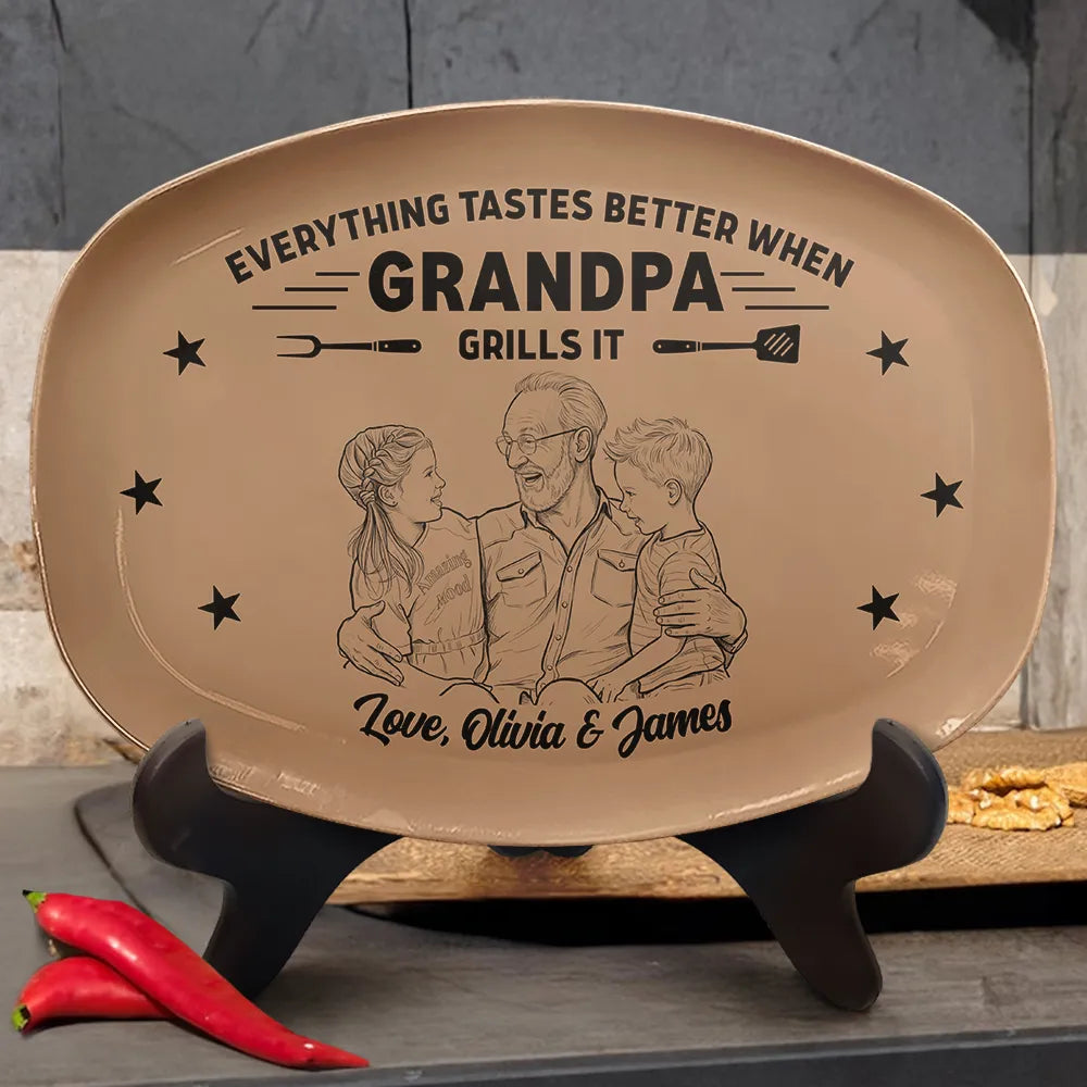 Gift For Father,Custom Photo,Grilling,Art Design,Proud,Photo - Pencil Sketch - Bold - Custom Photo Bold Sketch Everything Tastes Better When Grandpa Daddy Grills It - Personalized Plate