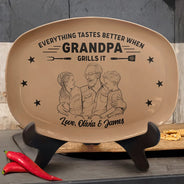 Gift For Father,Custom Photo,Grilling,Art Design,Proud,Photo - Pencil Sketch - Bold - Custom Photo Bold Sketch Everything Tastes Better When Grandpa Daddy Grills It - Personalized Plate