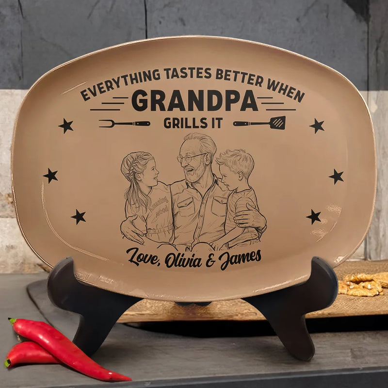 Gift For Father,Custom Photo,Grilling,Art Design,Proud,Photo - Pencil Sketch - Bold - Custom Photo Bold Sketch Everything Tastes Better When Grandpa Daddy Grills It - Personalized Plate