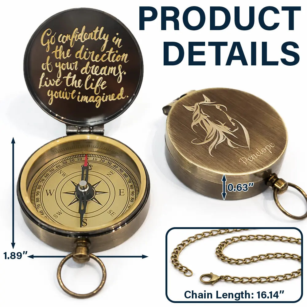 Gift For Yourself, Gift For Women, Gift For Men, Happy - Go Confidently In The Direction Of Your Dreams Horse - Personalized Engraved Brass Compass