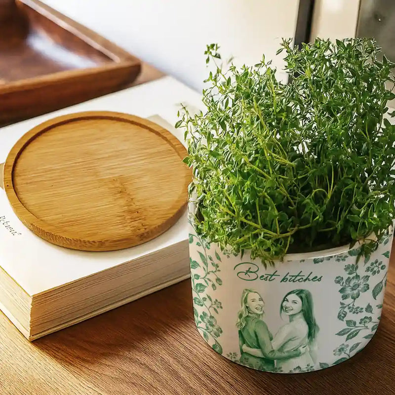 Art Design,Gift For Bestie,Photo - Porcelain Art Style,Happy - Custom Photo Single-Color Watercolor A True Friendship Is A Journey Without An End - Personalized Plant Pot