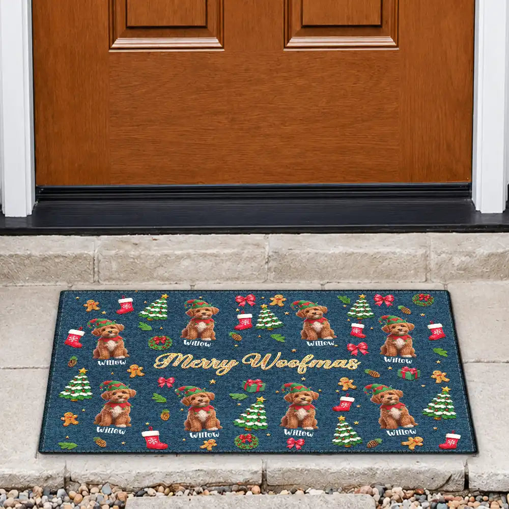 Art Design,Christmas,Custom Photo,Gift For Mother,Gifts For Her,Happy,Pet Lovers,Pet Mom,Photo - Christmas Accessories 3D Cartoon Pet - Christmas Decor Gift For Pet Lovers - Personalized Custom Photo Merry Woofmas Doormat