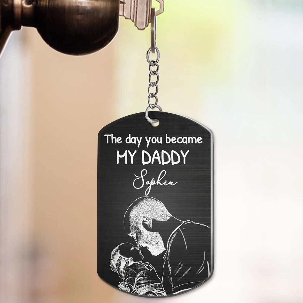 Custom Photo, New Mom, New baby, Happy - Custom Photo Pencil Sketch Calendar The Day You Became My Mom - Personalized Aluminum Keychain
