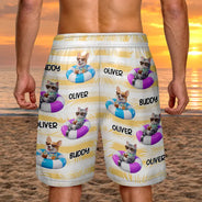 Custom Photo, Art Design, Summer, Pet Lovers, Playful, Photo - Swimming Float 3D Effect - Custom Photo 3D Summer Concept Poolside Beach Vacation Dog Cat - Personalized Unisex Beach Shorts